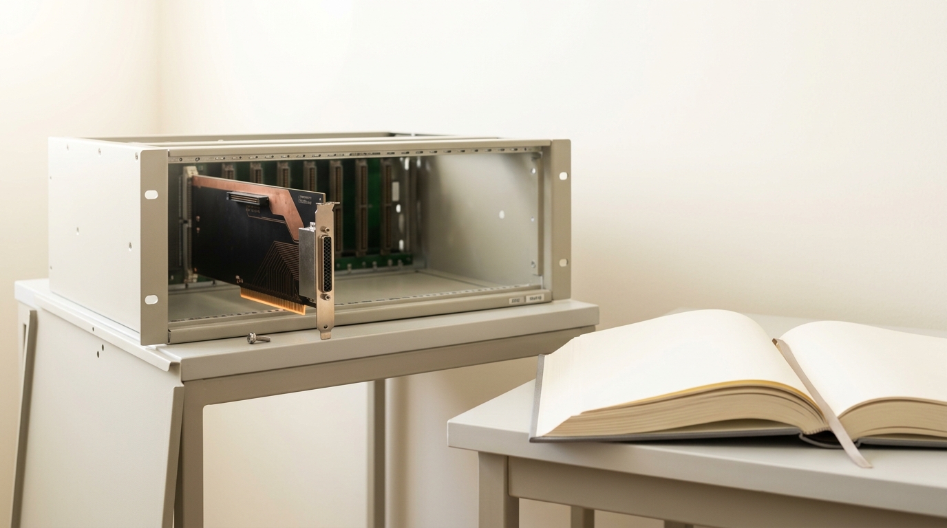 A putty-beige early-2000s rack chassis open on an archive examination stand with a copper host-channel-adapter card drawn part-way out of its slot, beside a bound specification volume propped open on a low stand