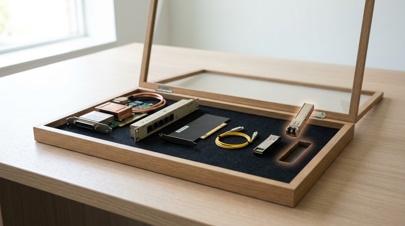 A glass-lidded specimen tray on an archive table holding networking hardware from six eras in a chronological row of fitted foam cutouts, with a modern pluggable transceiver module held just above its own empty cutout at the end of the row, not yet set down