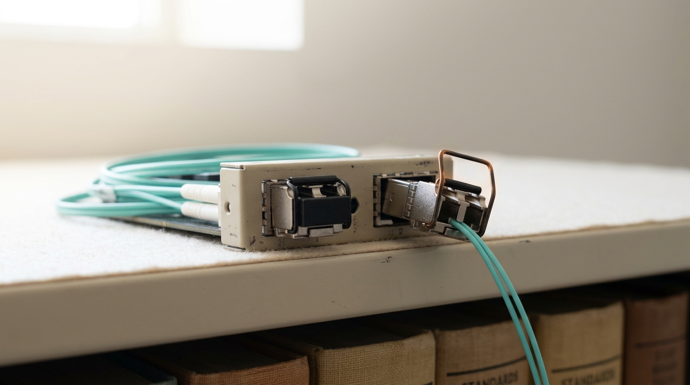 A beige-steel Ethernet switch port block on the archive bench with one small-form-factor transceiver caught half seated in its cage, its latch still open, beside a neighbouring port already carrying a seated module and a fine aqua fibre