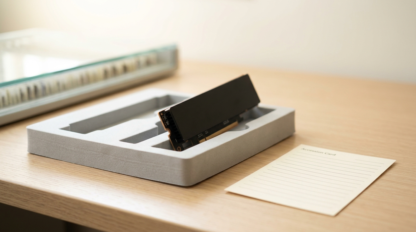 A modern pluggable networking module resting half out of its moulded foam shipping insert on the archive intake bench, its accession card blank and not yet filled in beside it