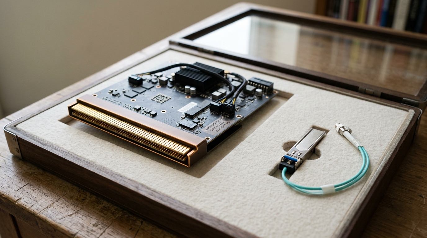A GPU-era accelerator riser card with a wide row of gold-flash edge-connector fingers laid in an open specimen cutout, beside a single slim pluggable transceiver in its own much smaller cutout