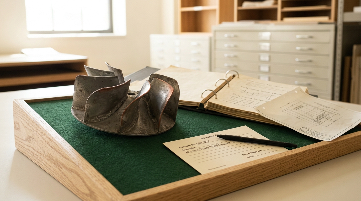 A squat forced-air blower-wheel fragment on a felt-topped examination stand with an accession card partly filled in beside it and an open binder of early cooling notes nearby