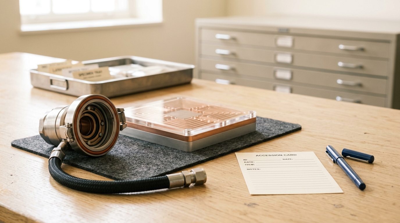 A modern copper-and-aluminium direct-to-chip cold plate on the archive table with its blind-mate coupling still swung open and its accession card blank beside it
