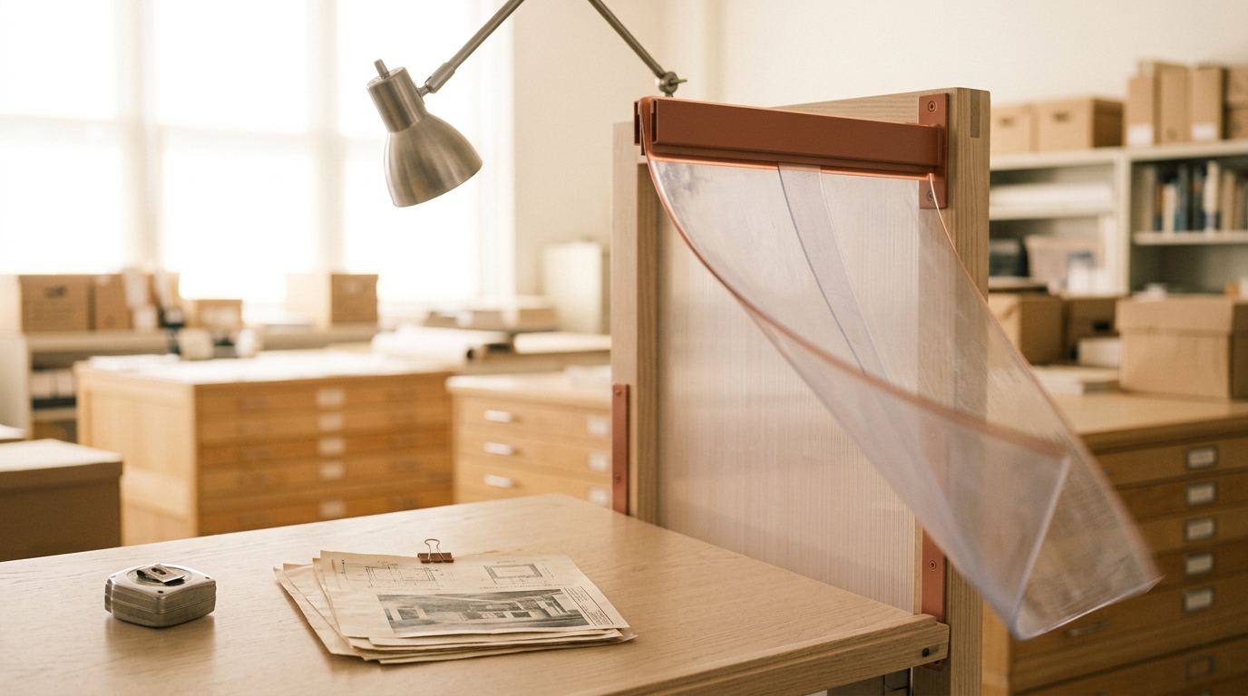 A section of translucent hot-aisle containment curtain panel in a steel frame clip, held under an archive lamp for inspection, its lower edge still swinging slightly