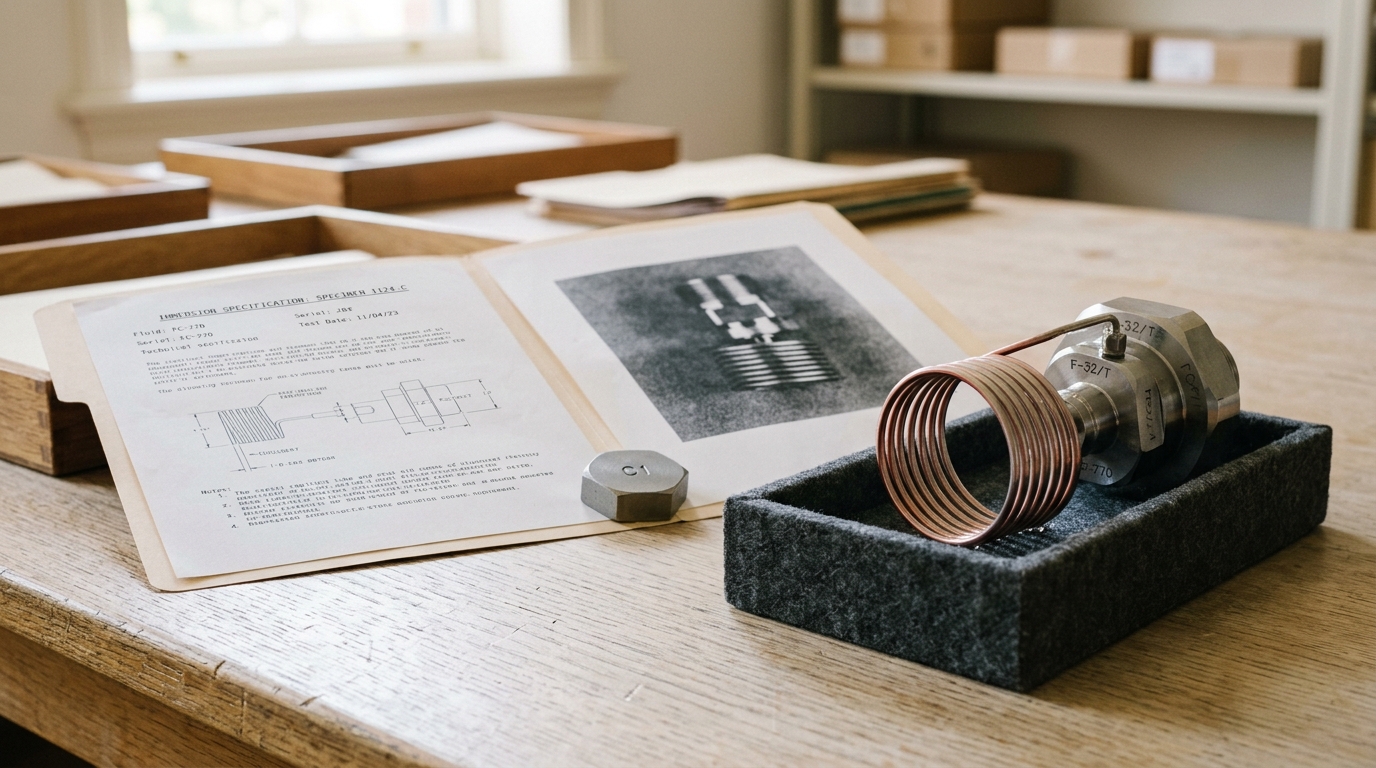 A small stainless Fluorinert tank fitting cradled on a specimen stand with a faint sheen of fluid still on its coiled capillary stub, an open case-history folder beside it