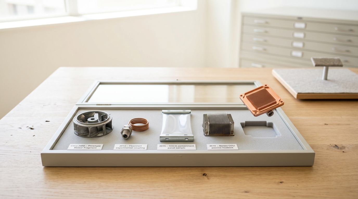 A glass-lidded specimen tray on a pale-oak archive table holding four dated cooling-hardware specimens in a row, with a fifth modern cold plate specimen held just above its empty foam cutout, not yet set down