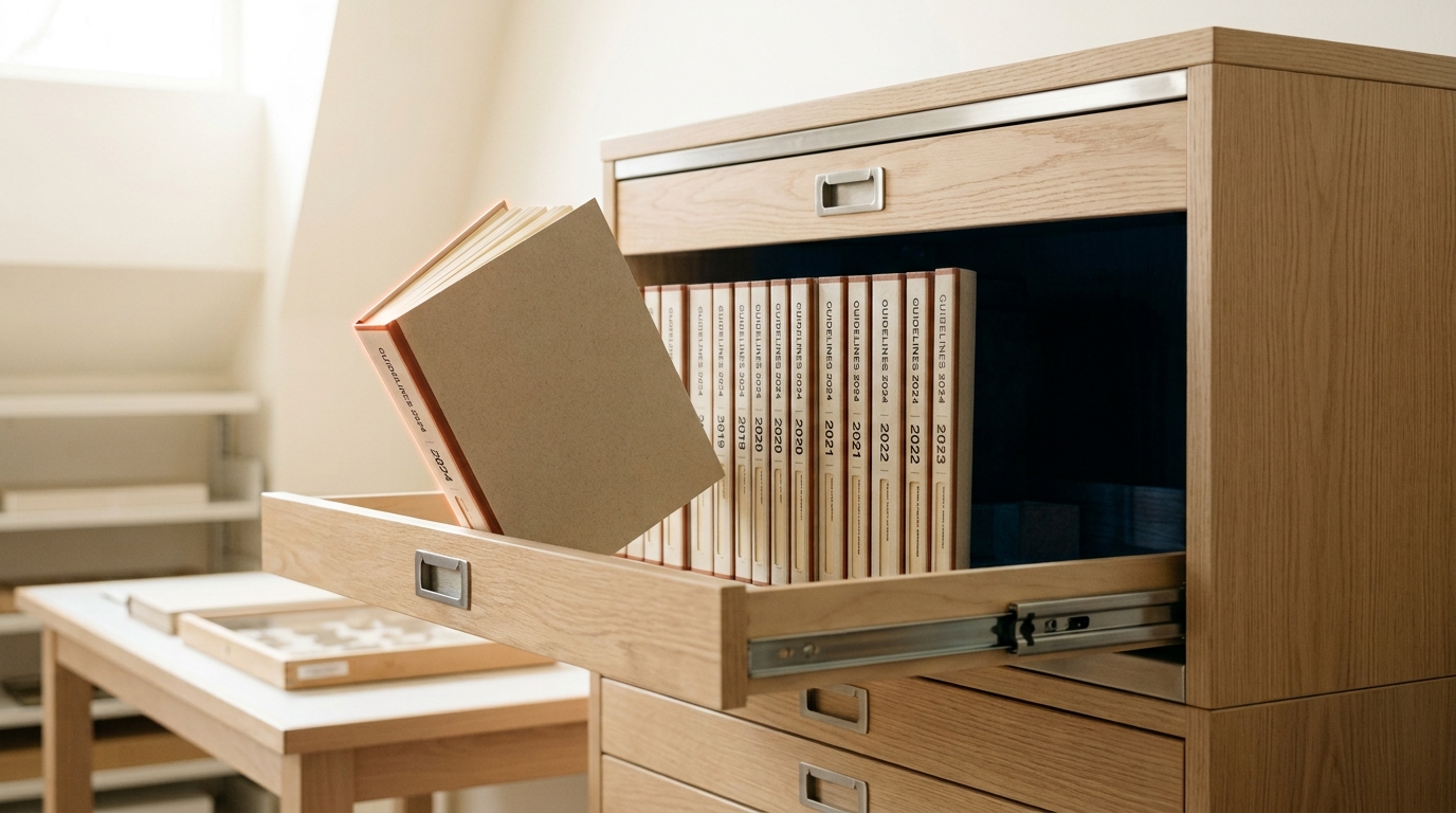A tall flat-file plan chest with one drawer drawn open showing bound ASHRAE thermal guideline volumes tabbed by edition year, one volume pulled half clear of the drawer