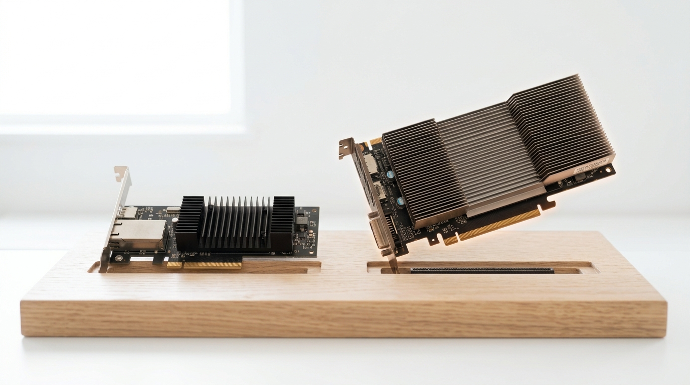 A 2010s-era GPU accelerator tray being set into a specimen row on the examination stand beside an older network interface card, its edge connector not yet seated