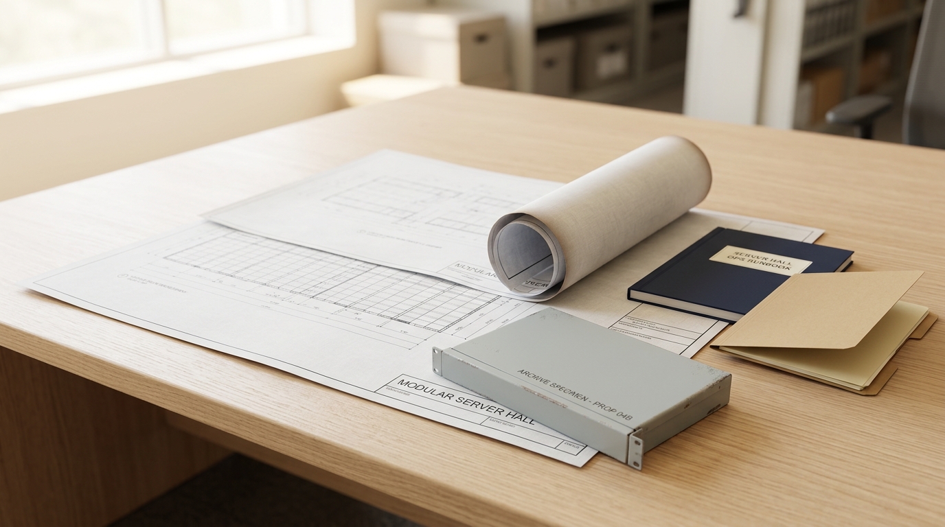 A construction blueprint for a modular server hall half-unrolled across an archive desk, held down at one corner by a standardized rack-frame specimen, the far half still curled