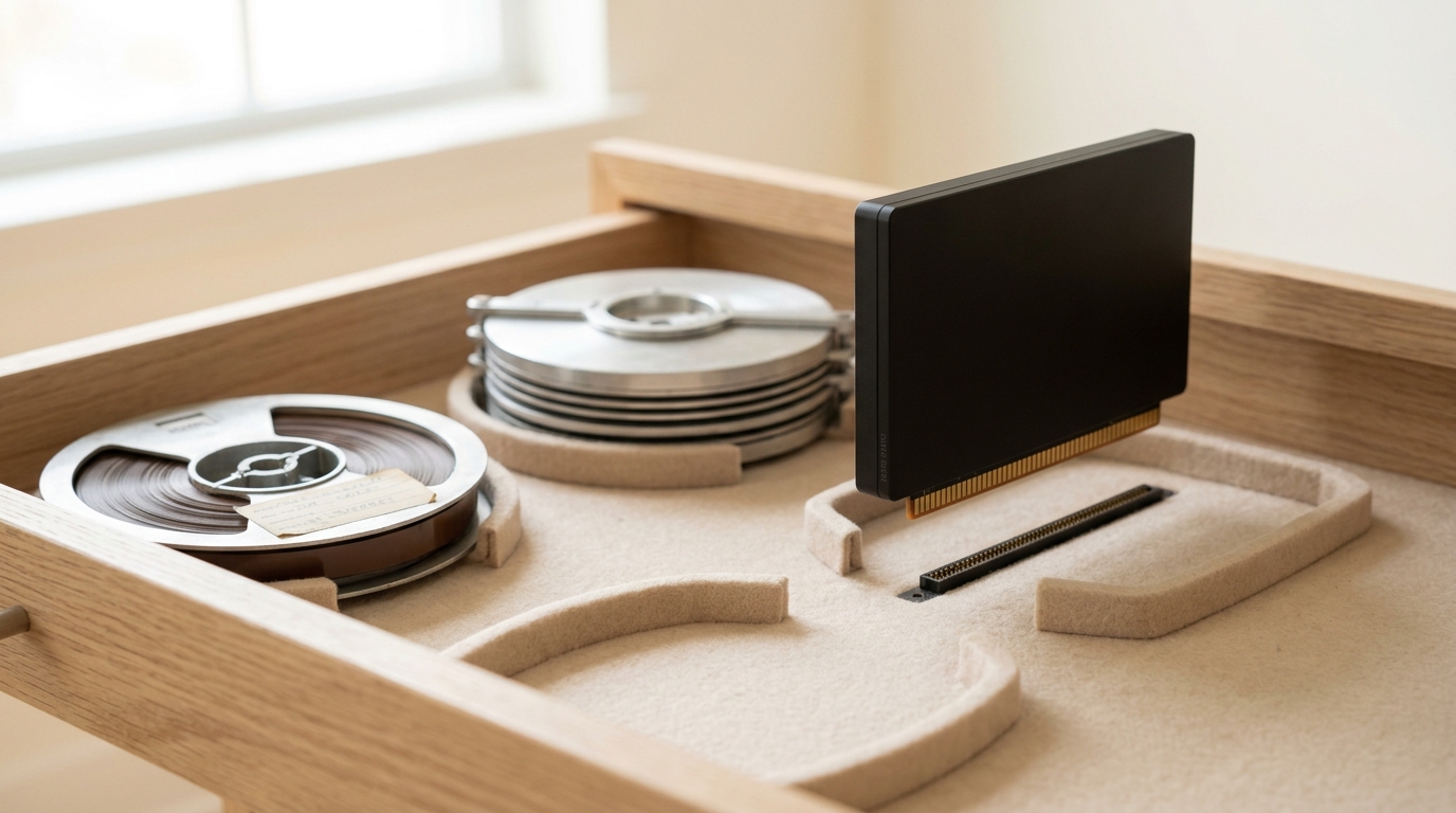 A modern checkpoint-storage blade being lowered into the archive drawer beside the nine-track tape reel and disk pack, its connector edge not yet mated