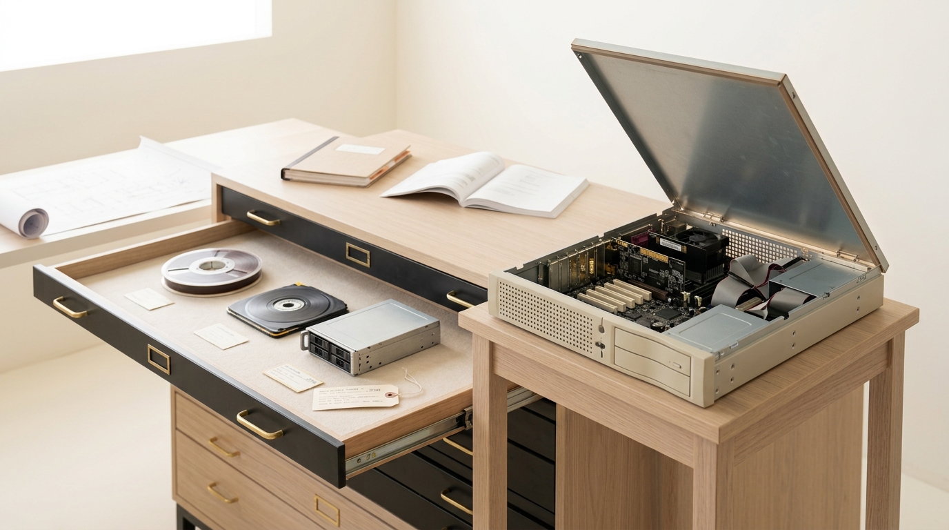 A beige commodity server chassis lifted open on an examination stand beside a wide archive plan-chest drawer holding a tape reel, a disk pack and a rack-mount storage caddy, with a runbook and a half-unrolled blueprint on a desk beyond