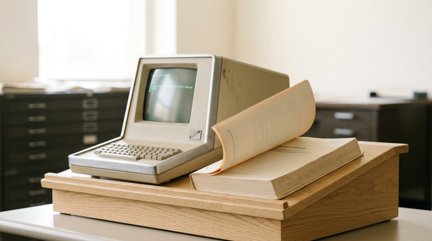 A period-correct console terminal open on an examination stand with a faint trace mid-scroll on its small screen, a service manual propped open beside it with one page still turning