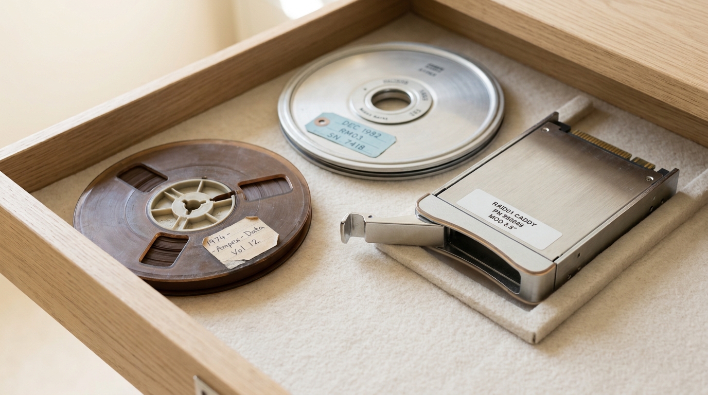 A wide archive plan-chest drawer holding a nine-track tape reel, a removable disk pack and a rack-mount RAID caddy in a row, one caddy's carrier only half seated on its felt cradle
