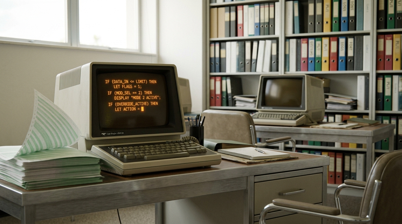 A mid-1970s Stanford computer terminal room with an amber-phosphor display showing an IF-THEN rule mid-entry, a stack of green-bar line-printer paper beside it with one sheet pulled half free of the stack