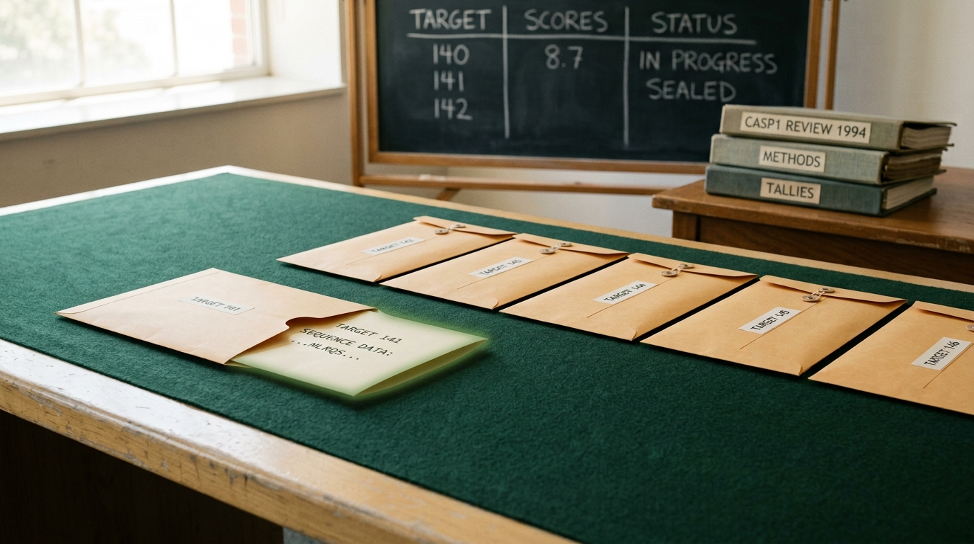 A 1994-era conference review room with a felt-lined table of manila target envelopes for a blind prediction competition, one envelope caught half-opened with its sequence sheet only partly drawn out