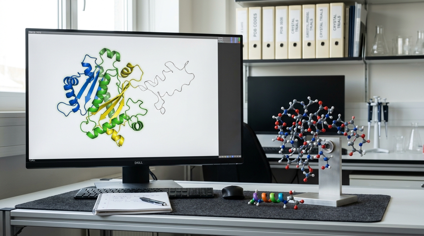 A 2020-era structural-biology lab workstation showing a partially rendered protein backbone on screen next to a half-assembled ball-and-stick physical model, one segment of the model still resting unattached beside its magnetic mount