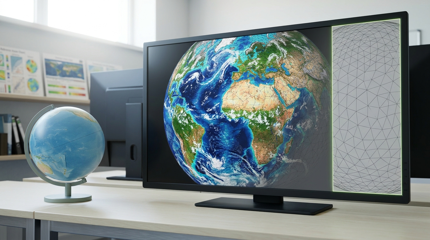 A modern neural weather-forecasting operations desk with a wide display showing a global forecast mesh rendering outward from a partially complete tile, a small reference globe on the desk turned to an unrelated ocean view