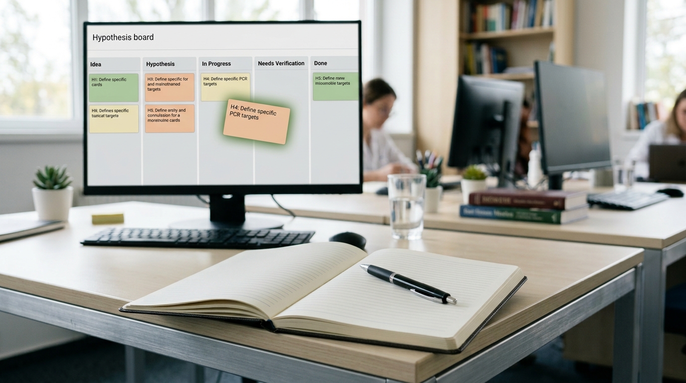 A present-day AI research agent's desk with a queue of hypothesis cards on screen, one card caught mid-transition between an "in progress" column and a "needs verification" column, a lab notebook open beside the keyboard to a blank ruled page
