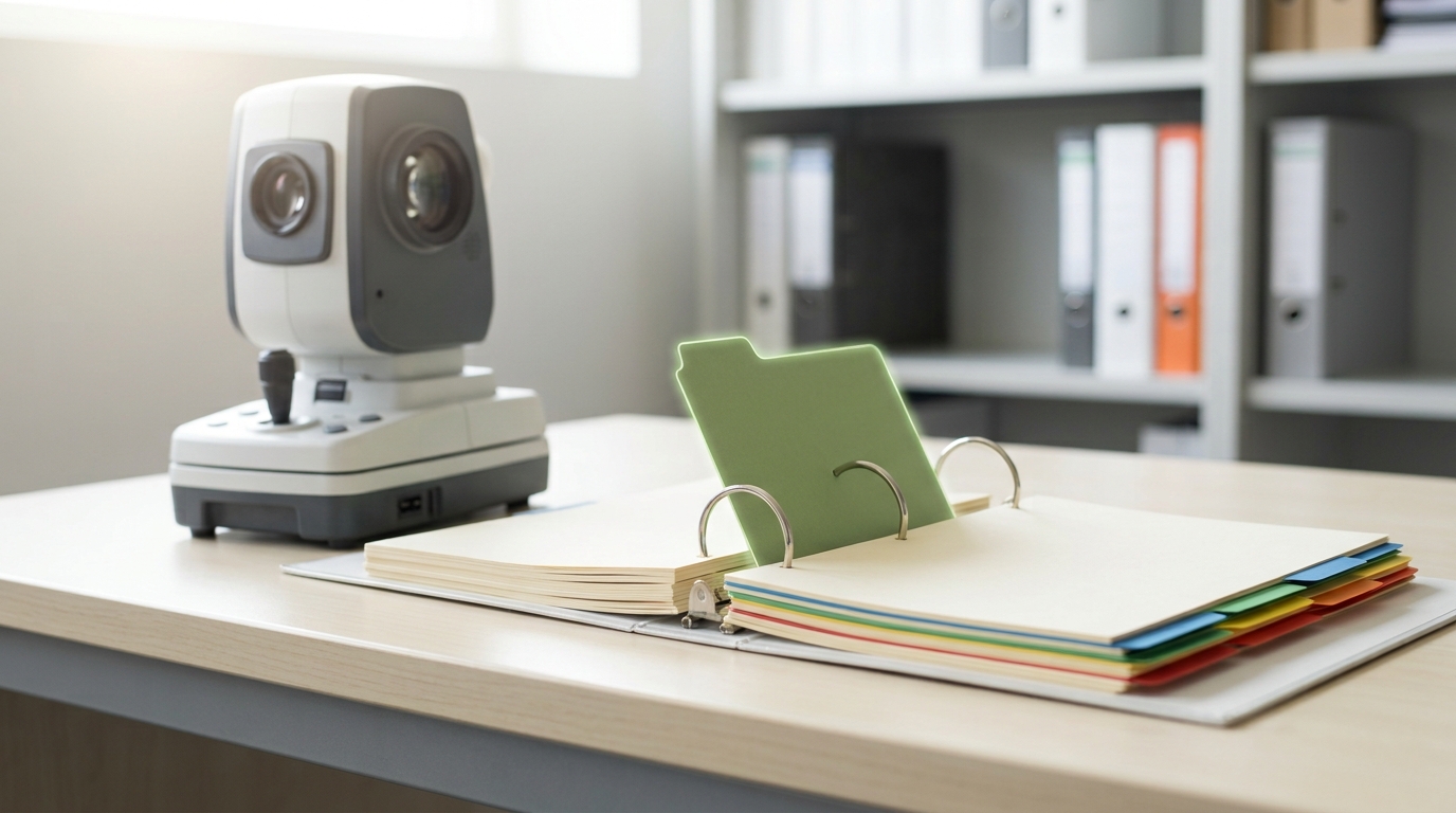 A regulatory device-review bench with a retinal-imaging camera unit standing beside an open submission binder, one divider tab caught mid-slide into the rings, not yet seated flush with the others