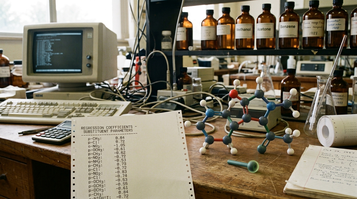 An archival 1980s-90s computational-chemistry lab bench with a dot-matrix printout of a substituent regression table beside a ball-and-stick molecular model, one connector rod resting unplugged next to the model's open valence site