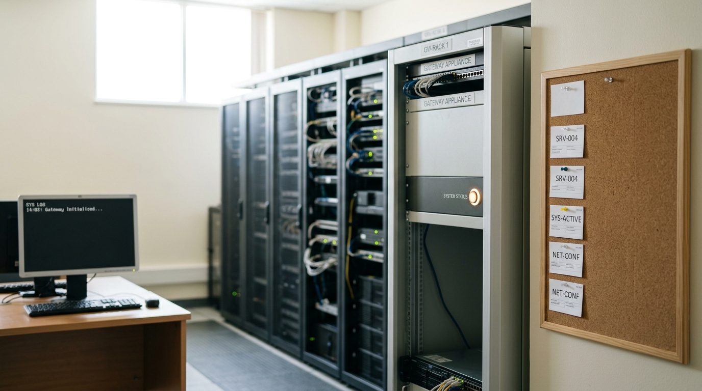 An API gateway rack with a single status lamp just switching on, beside a pinboard where the rate-card slot next to it still sits empty with one pin held ready