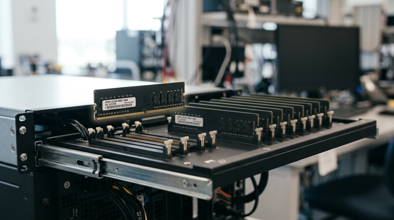A memory cache module held just above its slot on an accelerator tray, its contacts not yet seated, with a stack of the same module already fitted in the row beside it