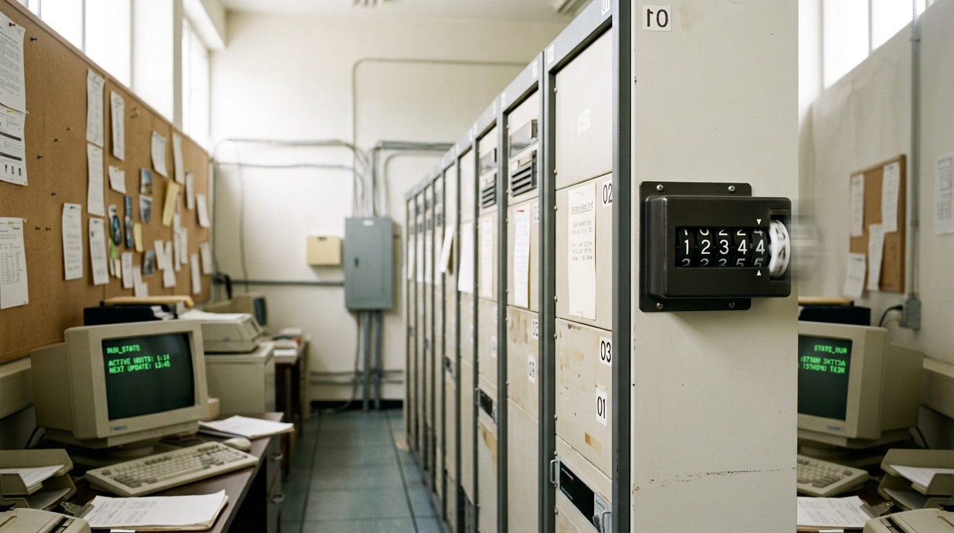 A rack-mounted run-time meter on an early server row with its hour dial caught mid-advance, a freshly printed instance-rate card pinned half-flat on the board beside it