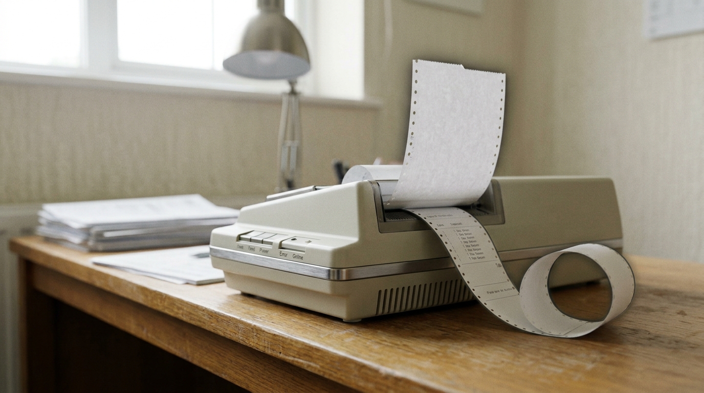 A twin-tape billing printer where a narrow unlabeled tape spools out behind the visible itemised receipt, only the visible tape torn off and taken