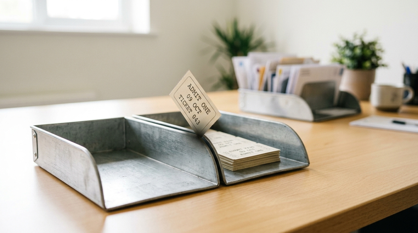 A sorting rack with two labelled trays, a small paper ticket caught in mid-drop toward the slower tray while the faster tray already holds a settled stack