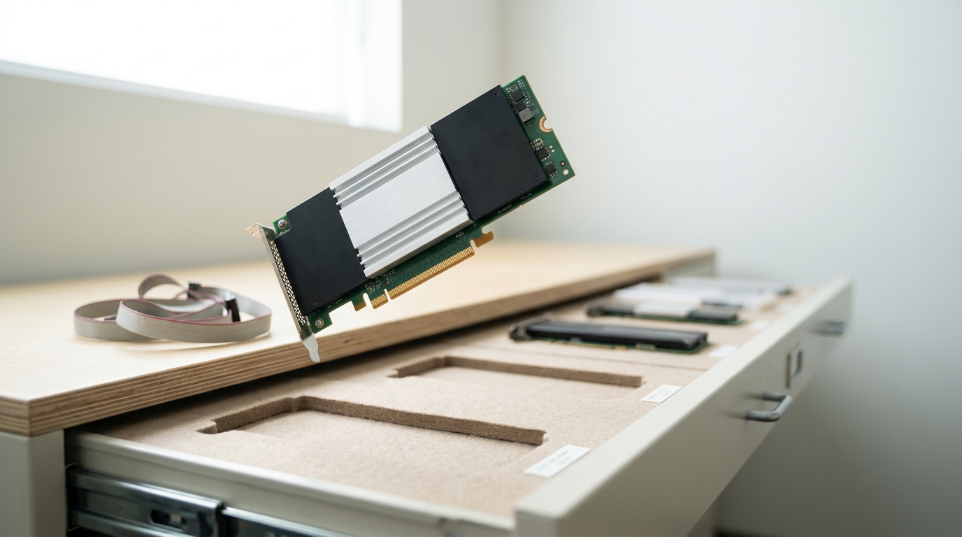 A CXL-style add-in memory card held partway across the bench toward an empty slot reserved for it in the specimen drawer, its edge connector still clear of the cutout, with a second empty slot and a coil of cable waiting further along