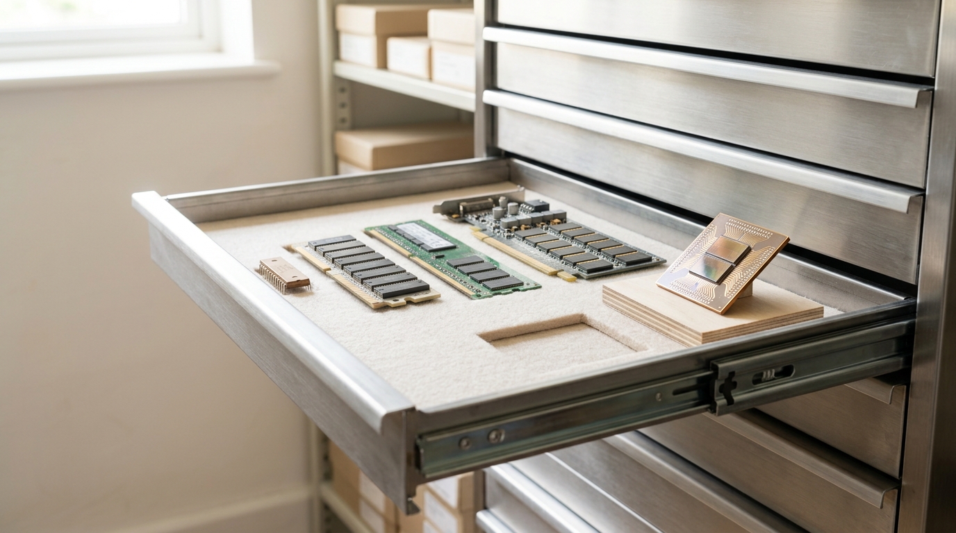 A steel specimen-drawer cabinet in a bright archive room with one drawer pulled open on its runners, showing a chronological row of memory devices in fitted foam cutouts, with a bare HBM interposer sample resting on a block beside its own empty cutout