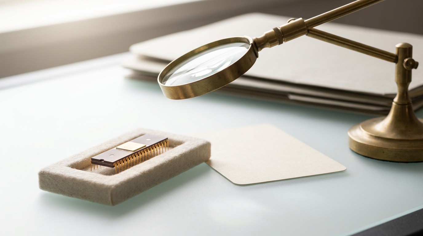 A small ceramic dual-in-line DRAM chip resting in a foam specimen cradle on a light table, a swing-arm magnifier lowering toward it but not yet in place, an accession card lying face-down beside it