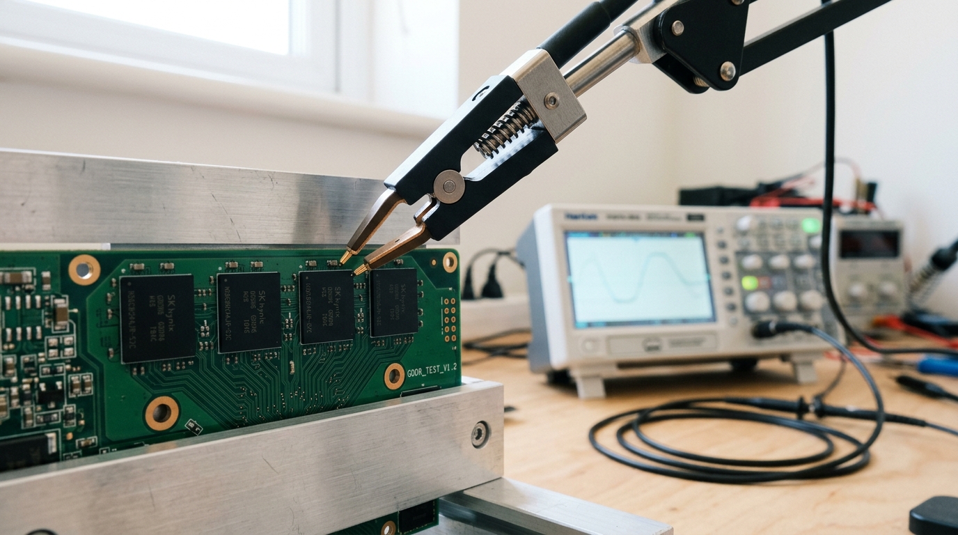 A bare graphics-card PCB carrying a row of GDDR memory packages held in a bench test fixture, a spring-loaded probe clip lowering toward one package's pin row, an oscilloscope screen glowing softly out of focus behind it