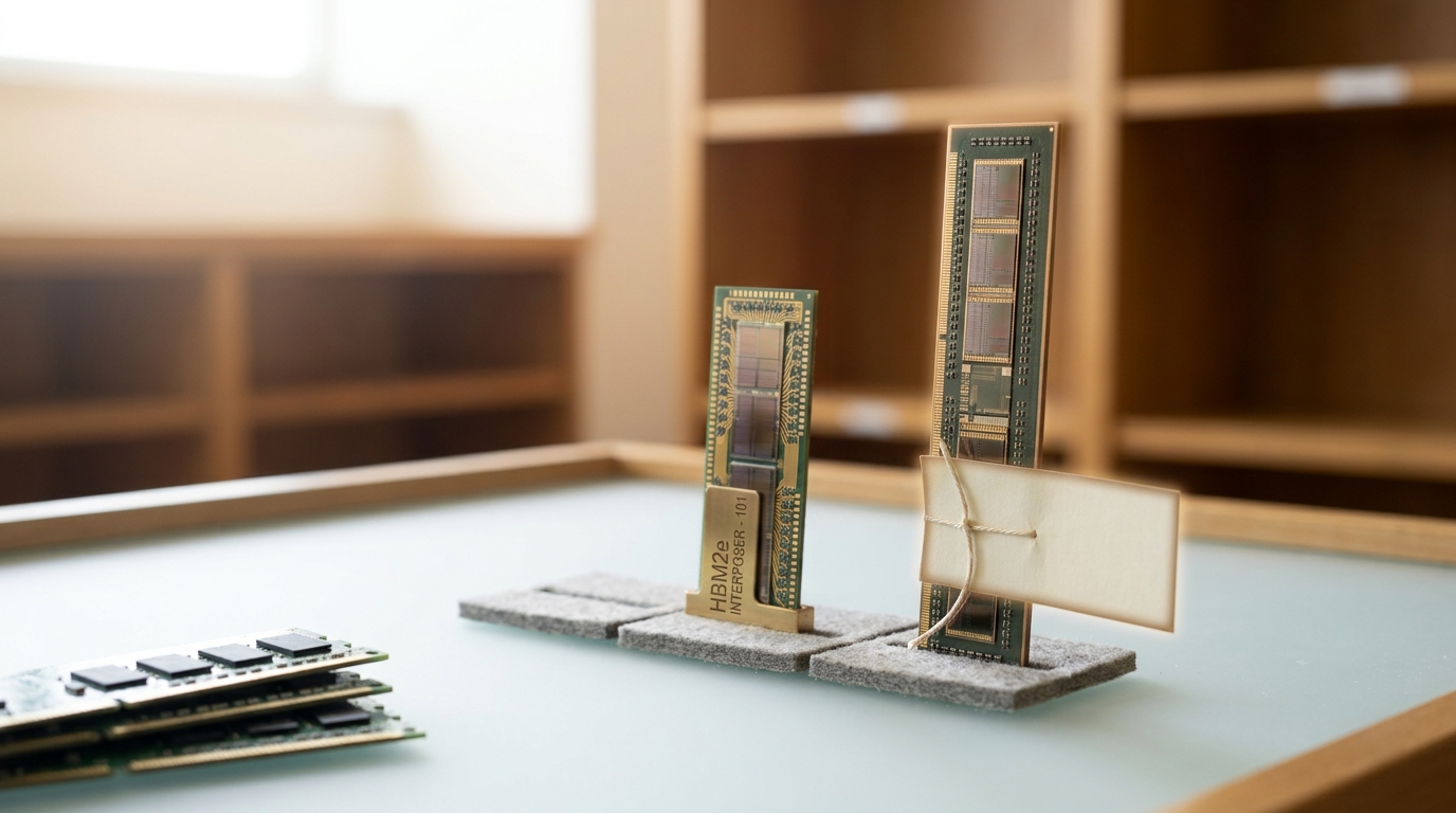 Two HBM interposer samples of different stack heights standing side by side on a light table, the taller newer sample still tagged with a temporary paper flag, while a small stack of ordinary DIMMs sits pushed to the far edge of the same tray