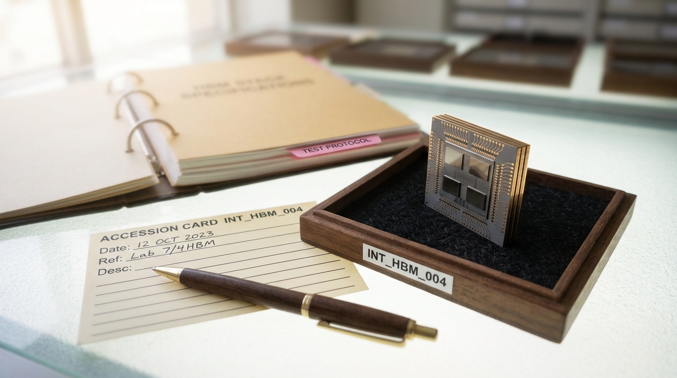 A silicon interposer sample carrying a short stack of HBM dies resting on a specimen tray on a light table, a fresh accession card only half filled in beside it and a spec binder propped open behind