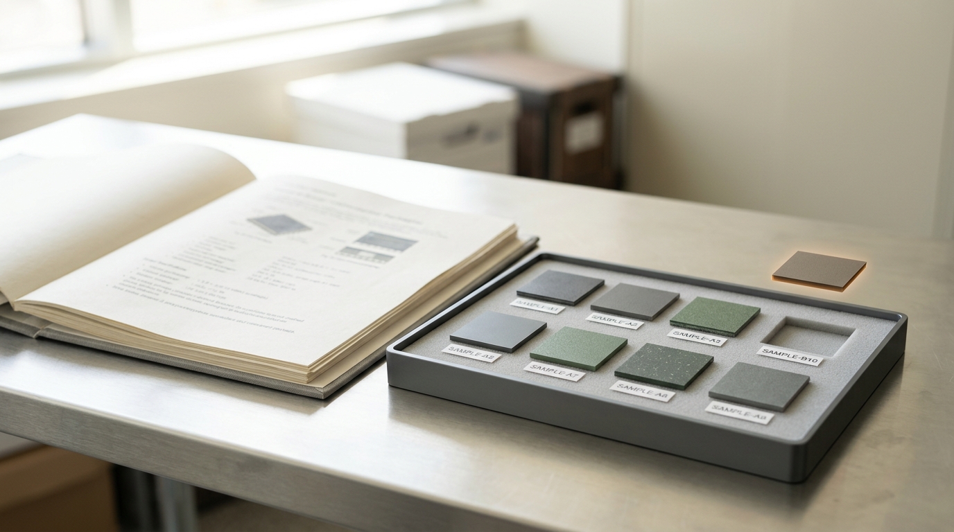 An open archival binder on an archive room table showing a technical specification page held in soft unreadable focus, beside a small tray of nine labelled chiplet substrate corner samples with one slot still empty and a tenth sample held above it