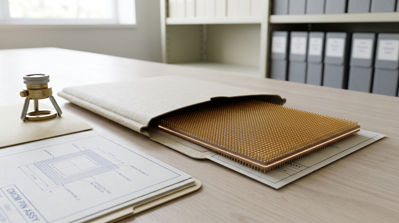 A square ceramic multichip module pulled halfway out of its padded archival sleeve on an archive room table, its underside pin-grid array partly visible and a loupe stand positioned beside it