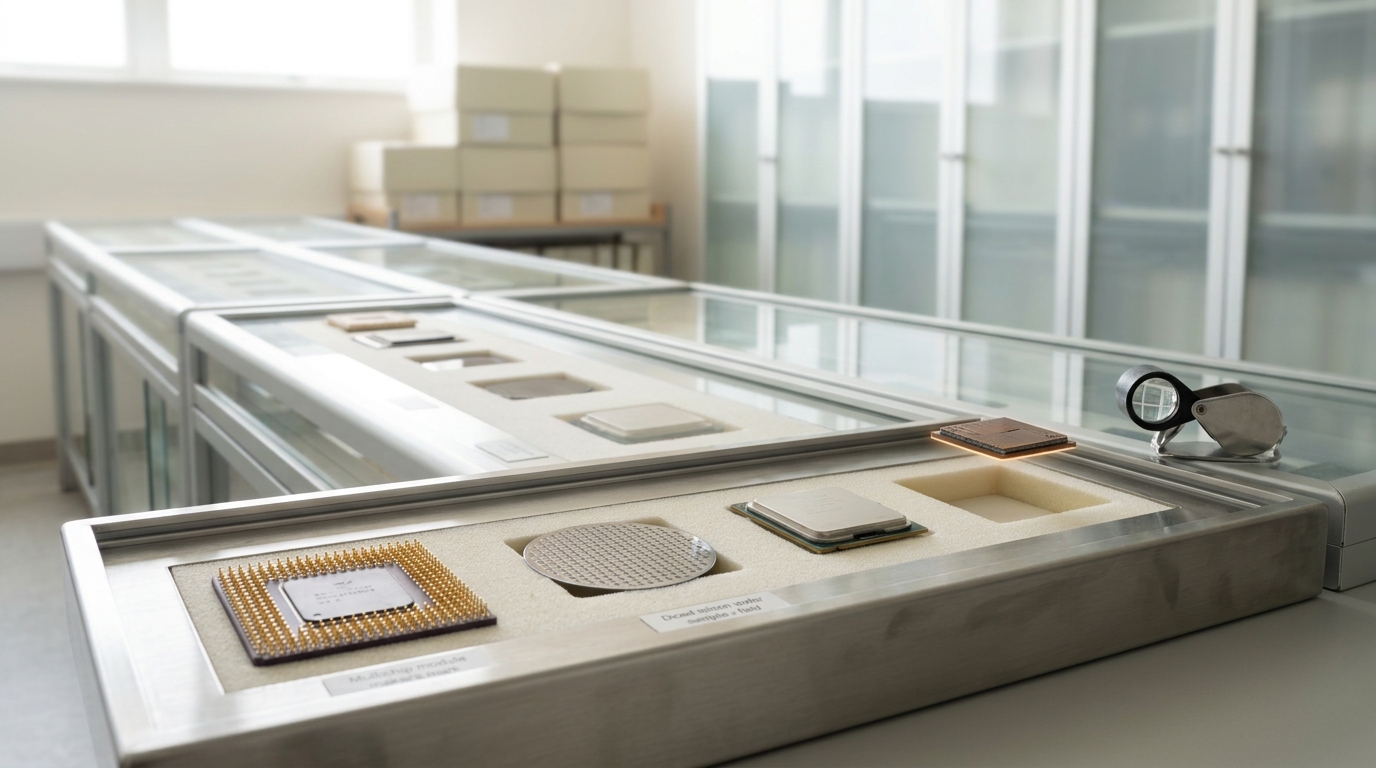 A long glass-topped specimen case in a bright archive room holding a ceramic multichip module, a diced silicon interposer, and a lidded multi-die processor package in foam-lined trays, with one tray at the case's far end still empty and a new chiplet sample held a fraction above it