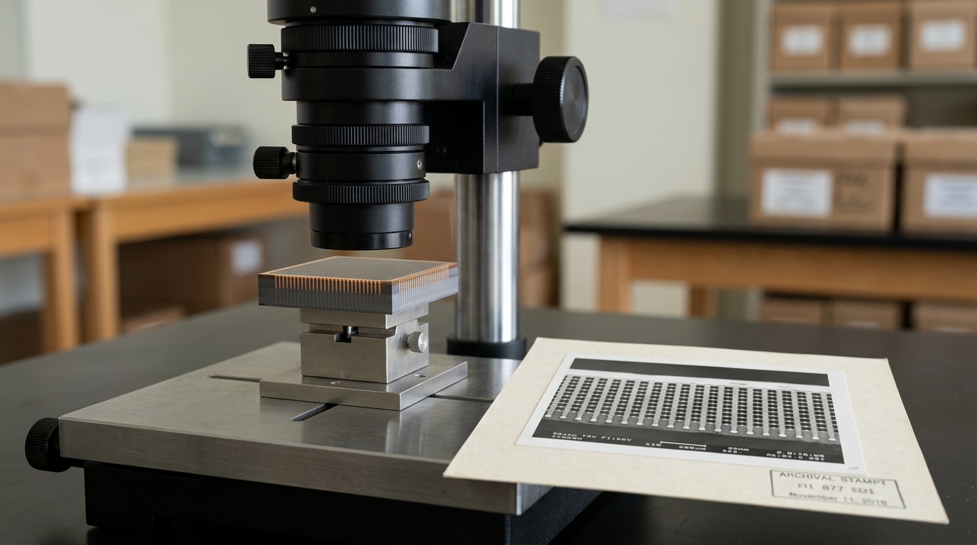 A diced silicon interposer specimen with a fine through-silicon-via field showing on its cut edge, held on a specimen stand a fraction below the eyepiece of an archive room's optical comparator, next to an archival cross-section photomicrograph print
