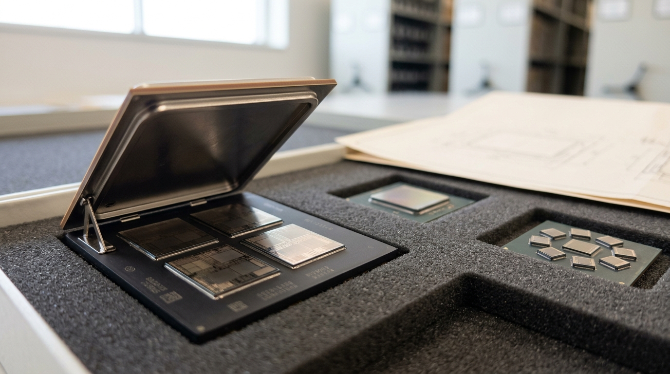 A multi-die processor package specimen in an archive tray with its metal heat-spreader lid lifted clear on a small hinge stand, exposing four square silicon dies arranged on the substrate beneath, next to a smaller specimen showing a single larger die and a compact eight-die arrangement
