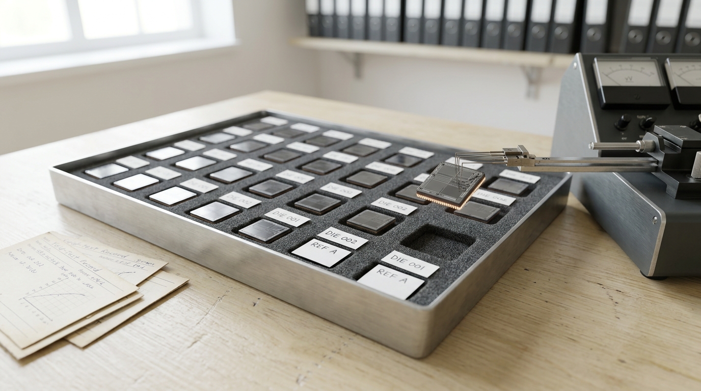 A shallow archival tray of individual bare silicon die in labelled foam pockets, one die caught mid-lift on a period-correct probe-card tester arm above an unfilled pocket, with a stack of yield-test record cards beside the tray