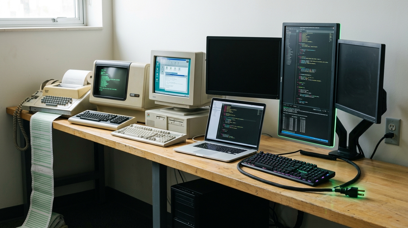 A long lab bench with five real developer machines arranged in a single receding line from a 1970s teleprinter to a modern multi-monitor agentic terminal rig, the newest machine's power plug caught just short of its socket