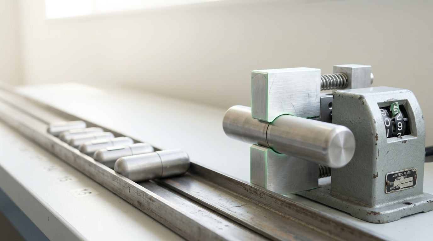 A row of sealed evaluation task-capsules of increasing size on a bench rail, the largest one caught mid-way through a validation gate beside a mechanical flip-digit tally wheel mid-turn