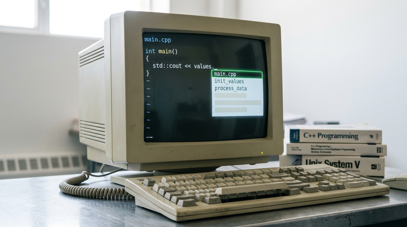 A beige CRT monitor showing a code editor with an autocomplete dropdown list half-rendered, some entries drawn and others still blank, beside a mechanical keyboard with one key still rebounding