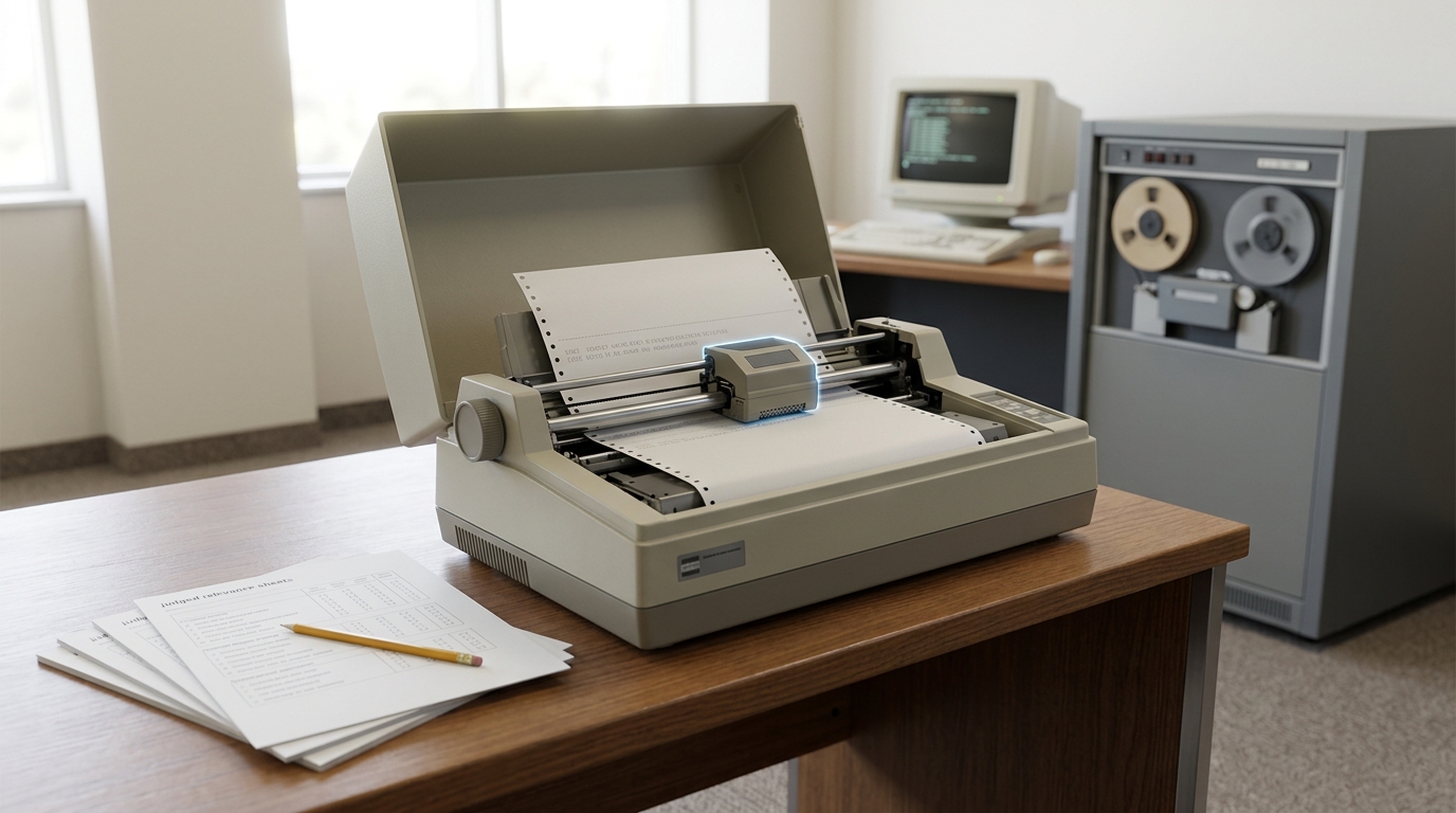 A paper teleprinter mid-strike on a fresh line of a compiler warning, green-bar fanfold paper looping loosely into a wire basket below, the platen still turning