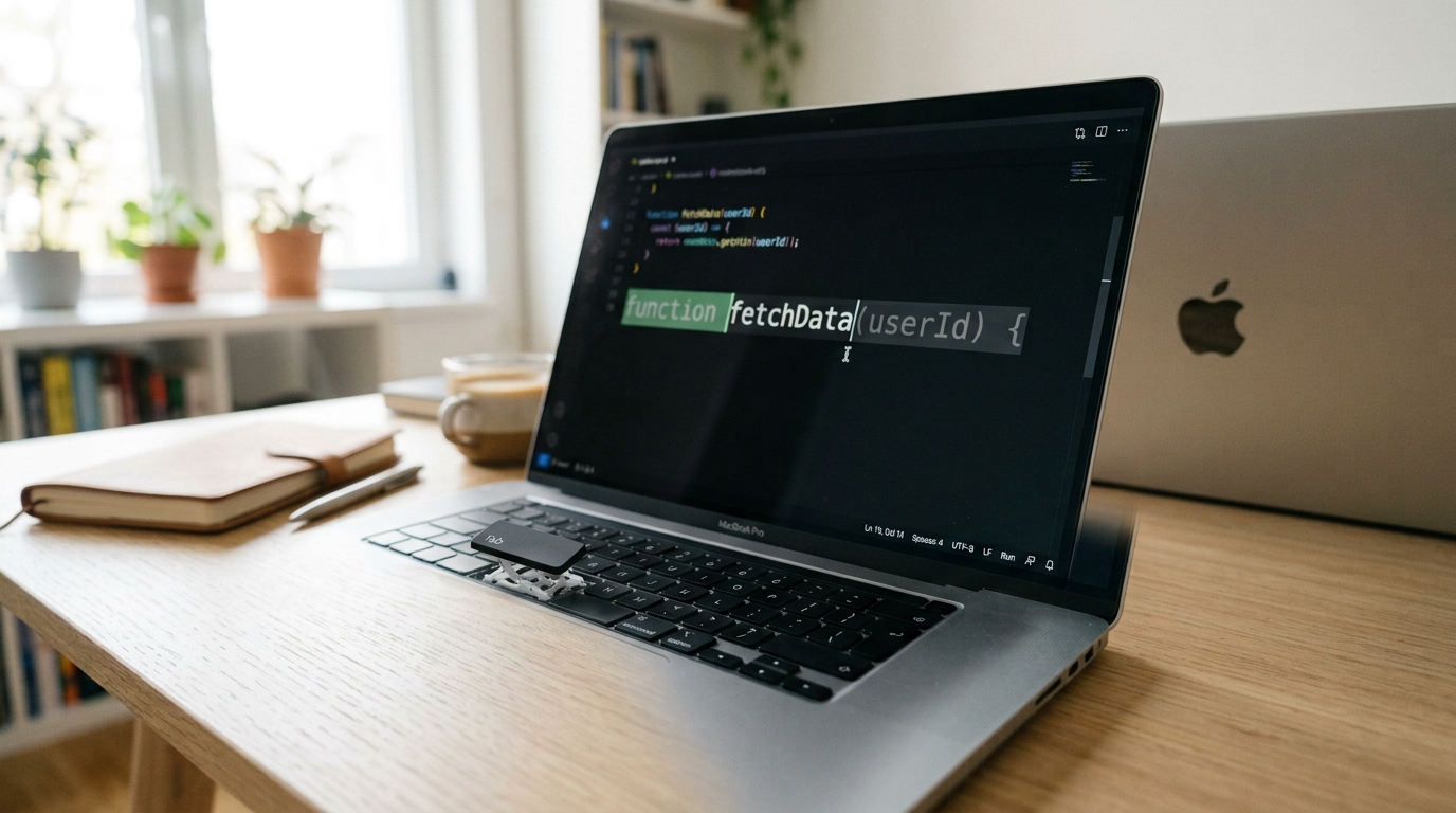 A modern laptop open to a code editor with a greyed ghost-text suggestion half-materialised after the cursor, the tab key on the keyboard caught a hair above its neighbours