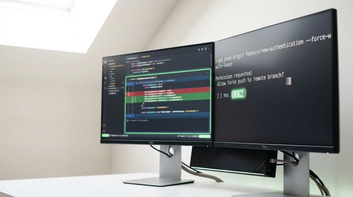A modern multi-monitor terminal rig with a command-line agent's permission prompt open and unanswered on the near screen, a highlighted diff hunk visible on the screen behind it