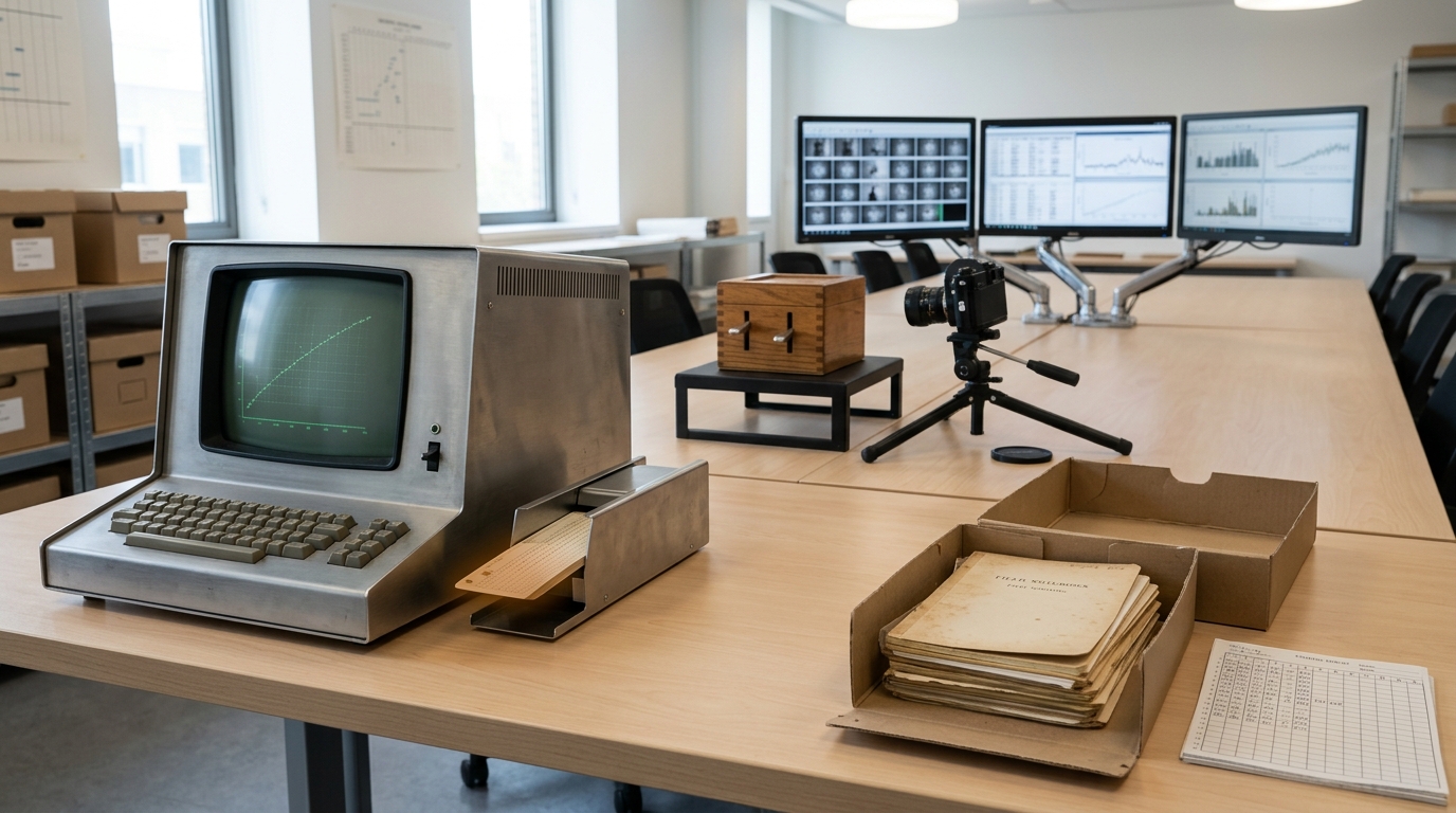 A long research-archive table receding from camera holding boxed field notebooks, a green-phosphor computer terminal with a punch-card tray, a two-lever wooden puzzle box on a test stand, and a row of modern monitors showing behavioral coding logs, with the punch-card tray still sliding into the terminal