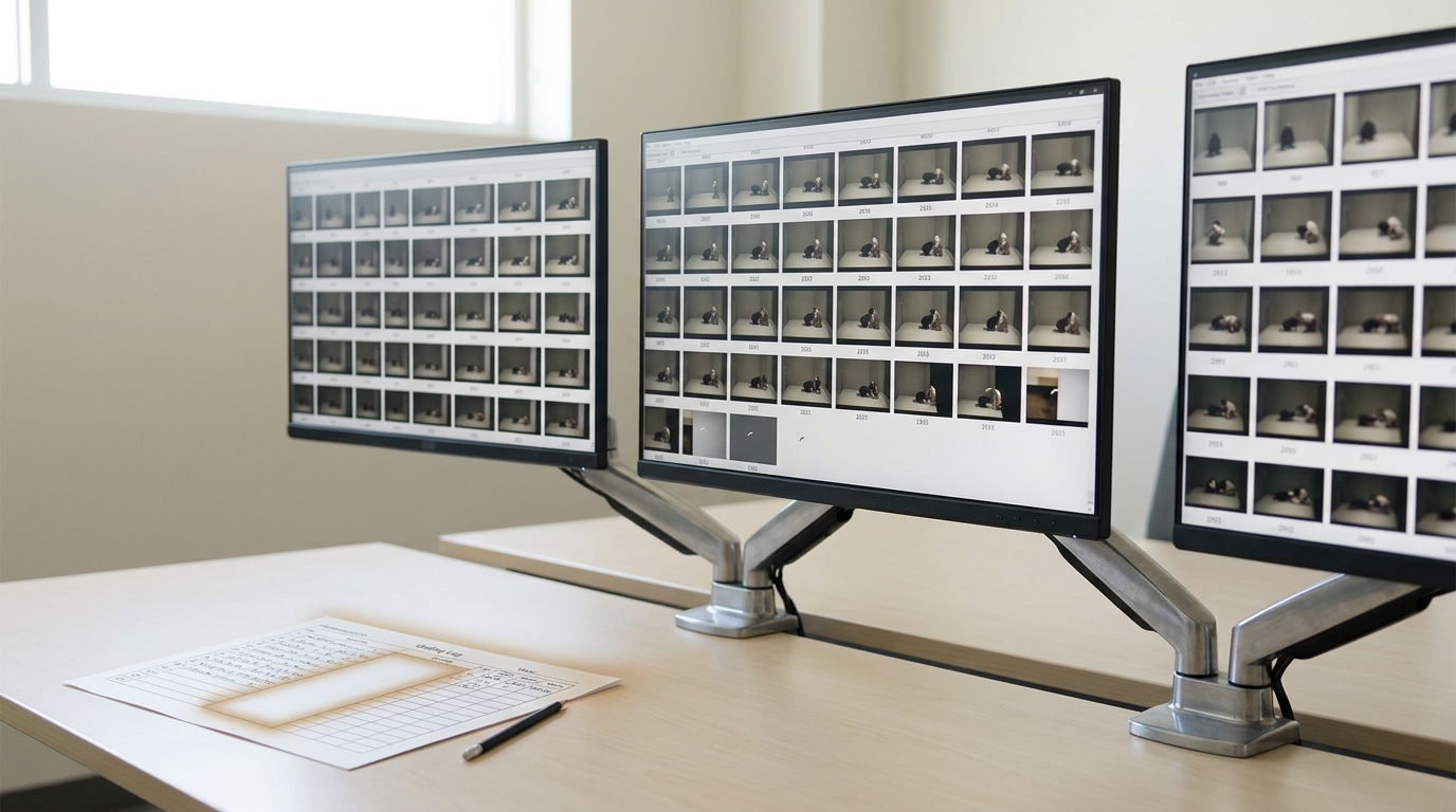 Three modern monitors on articulated arms showing frame-grid behavioral coding logs, one screen's log scrolling mid-frame while an adjacent printed log page sits with a section visibly blank