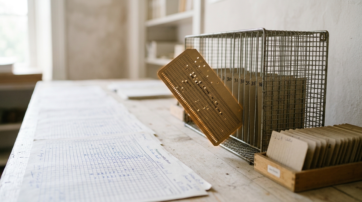 Gridded phenotype-coding sheets fanned across a worktable with a single punch card mid-fall into a wire sorting rack, one column of holes still catching the light
